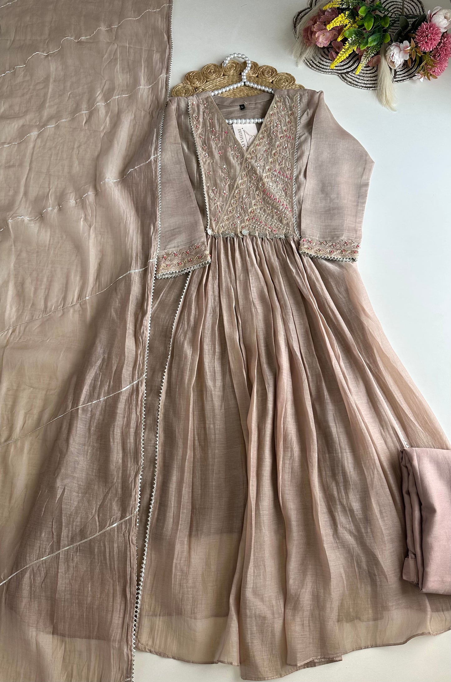 K486 - Mul Chanderi handwork Anarkali with pants and dupatta