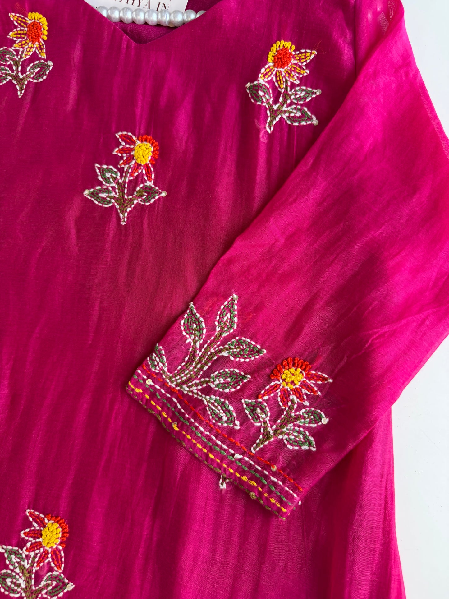 K437 - Mul chanderi Embroidered Aline Kurti with pants and dupatta