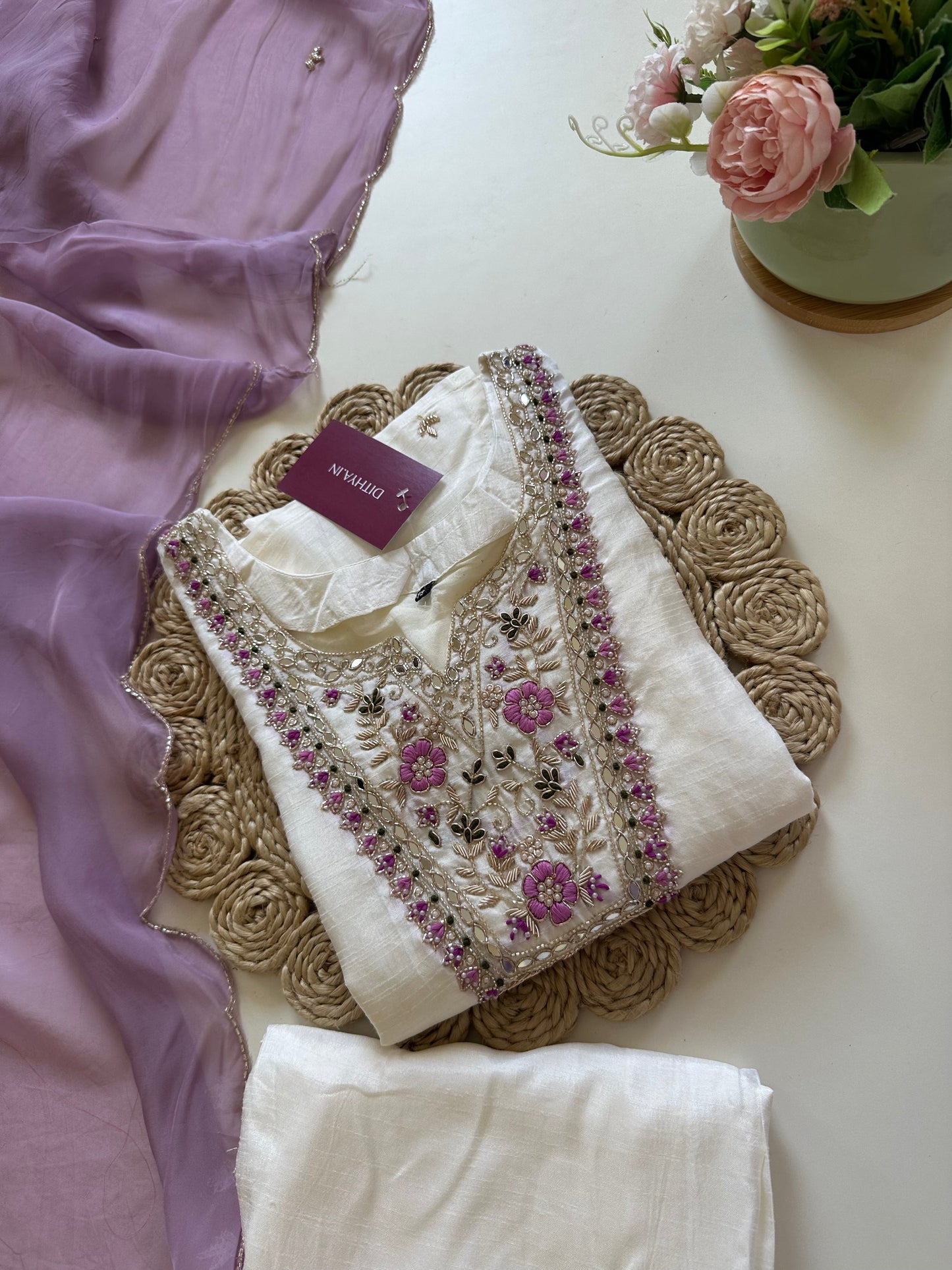 K174 - Russian silk handwork kurti with pants and viscose organza dupatta .