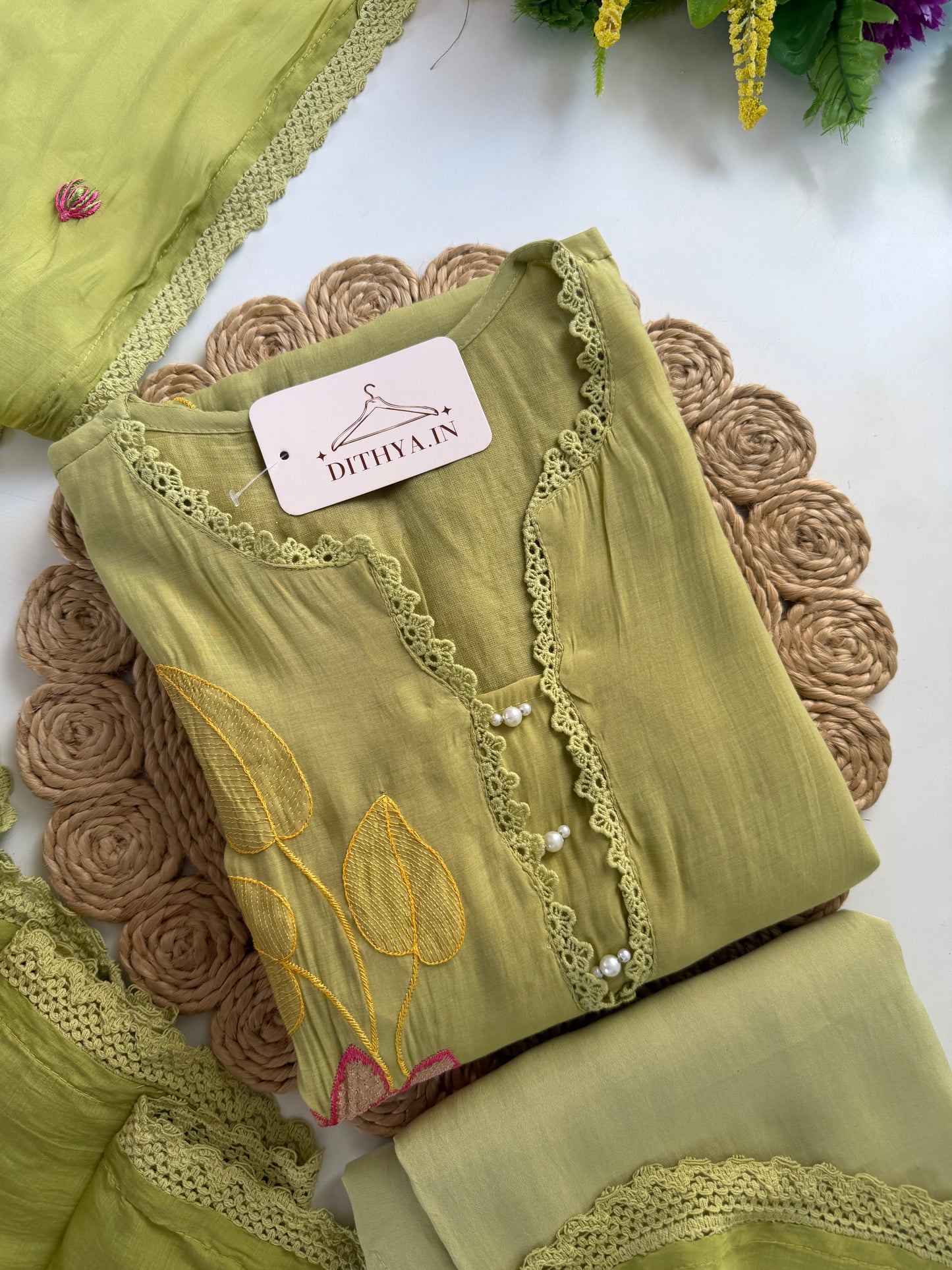 K345 - Muslin silk embroidered straight Kurti with pants and dupatta in 2 colours