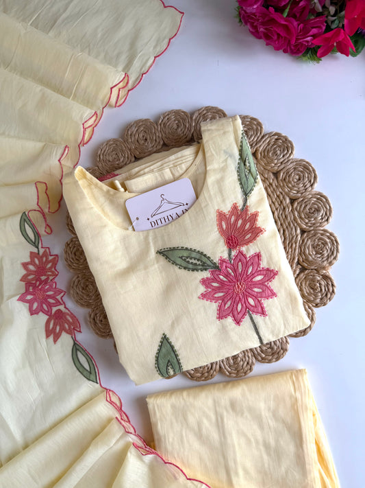 K726 - Mul cotton embroidered straight  Kurti with pants and dupatta