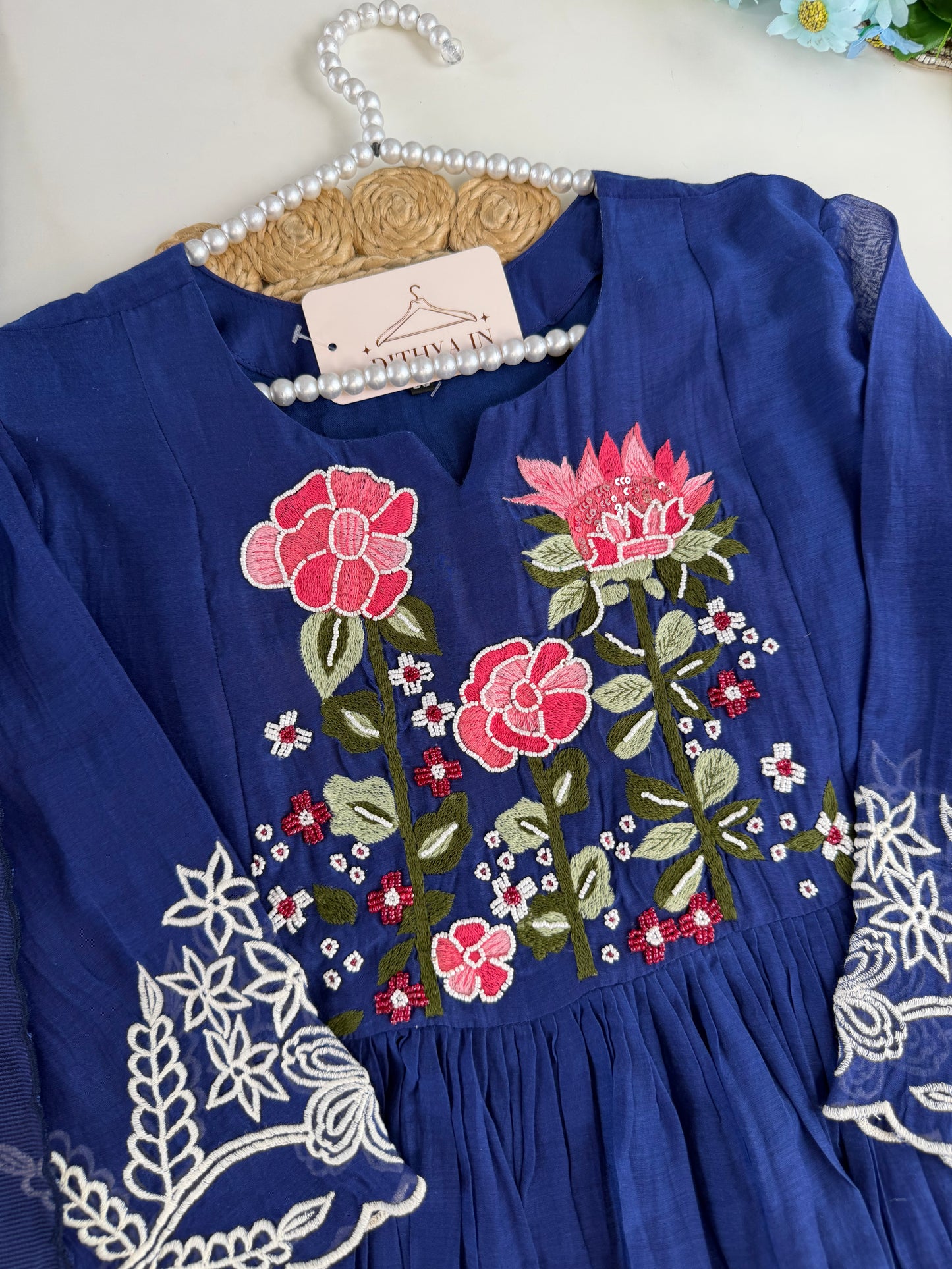 K494 - Mul chanderi handwork Anarkali with pants and dupatta