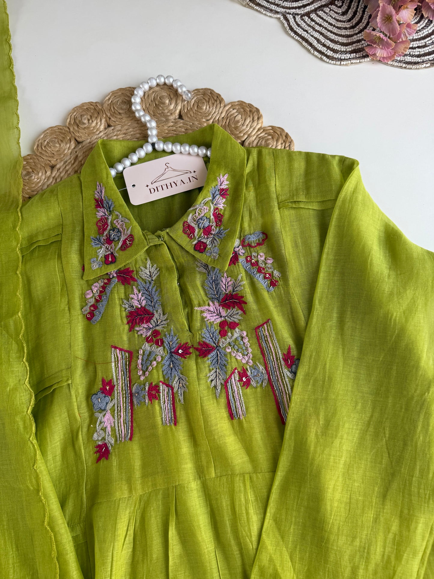 K143 - Mul chanderi handwork Anarkali with pants and dupatta