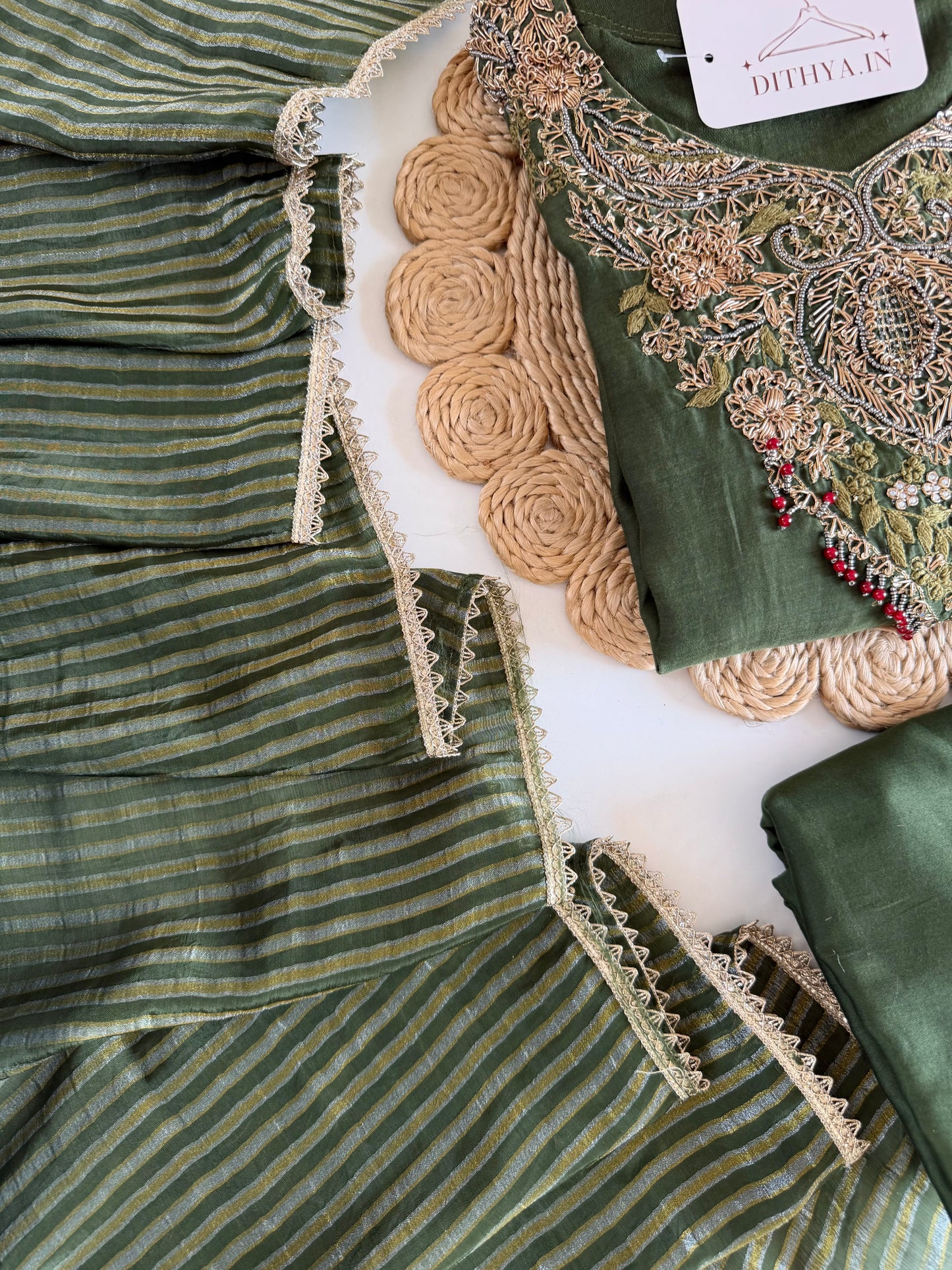 K374 - Mul chanderi handwork aline Kurti with pants and dupatta