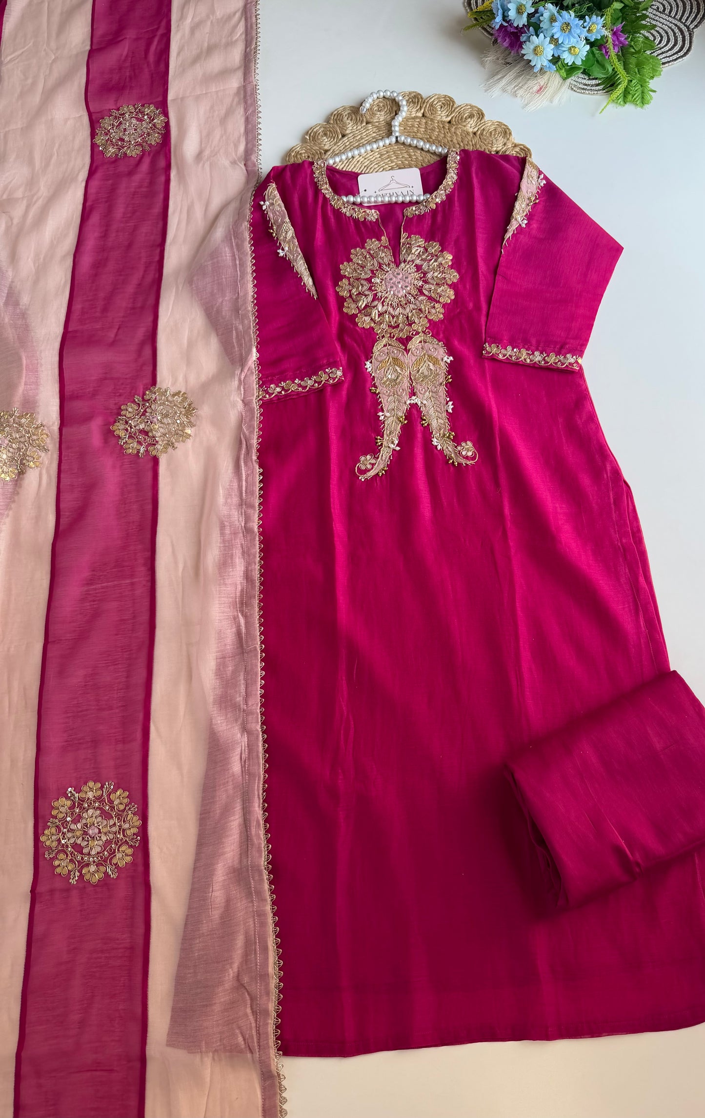 K584 - Mul chanderi gota work straight Kurti with pants and dupatta