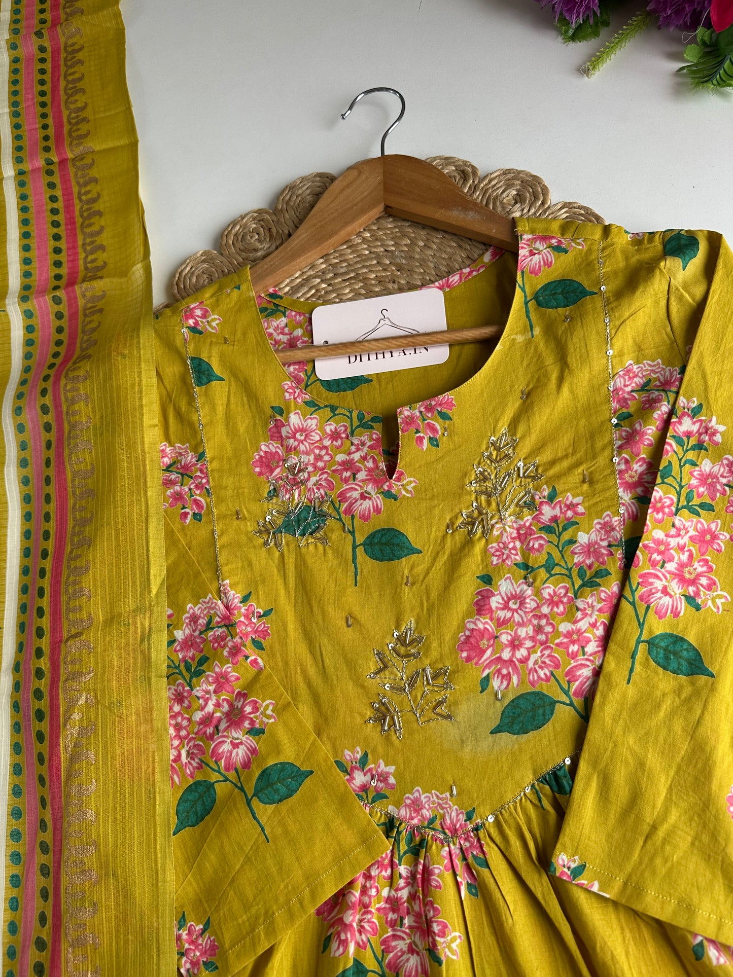 K060 - Mul cotton floral Anarkali with pants and dupatta
