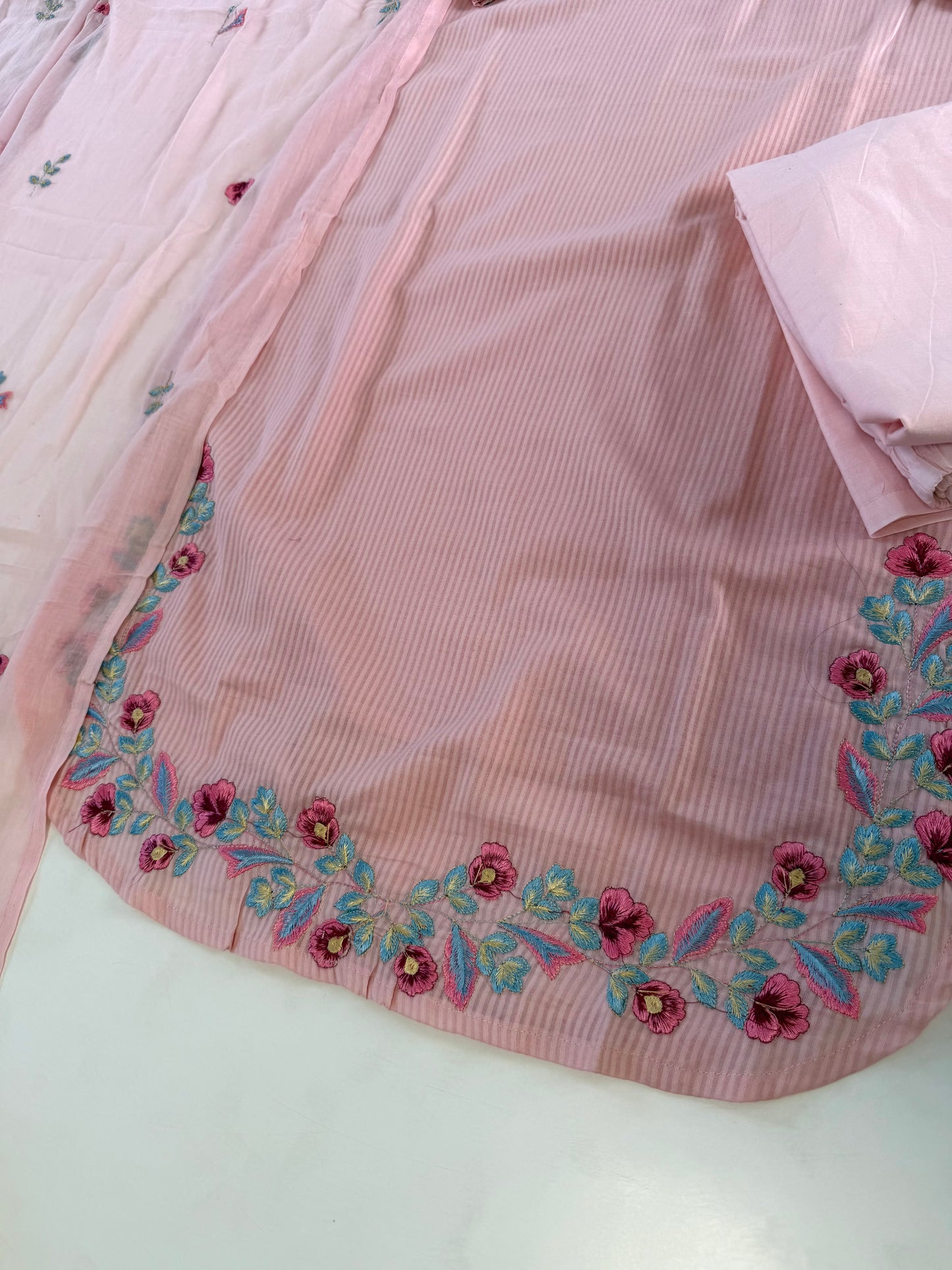 K622 - Mul cotton embroidered straight Kurti with pants and dupatta