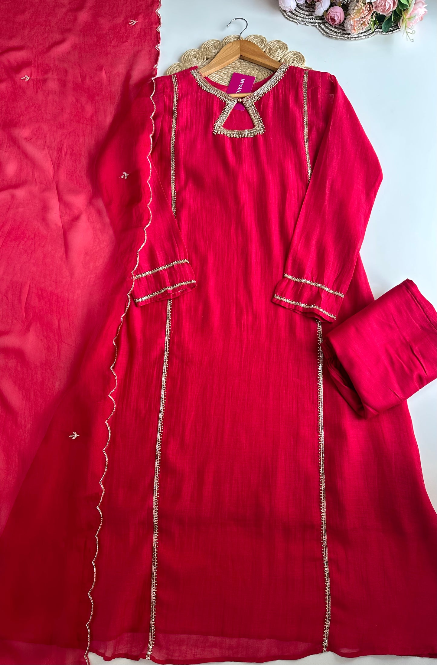 K228 - Mul Chanderi handwork Aline Kurti with pants and dupatta