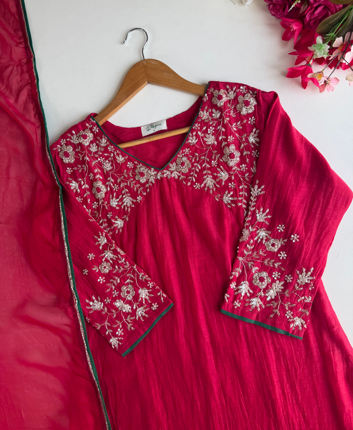 K601 -Mul chanderi handwork Aline Kurti with pants and dupatta