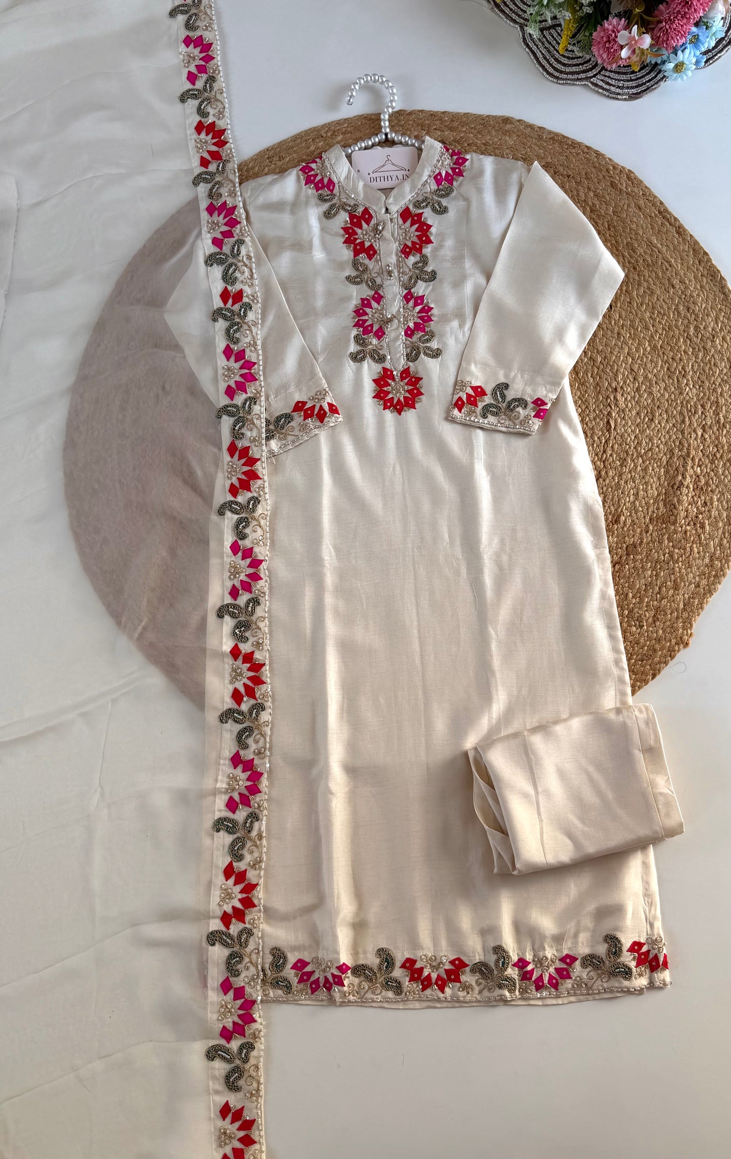 K187 - Russian silk handwork straight Kurti with pants and dupatta