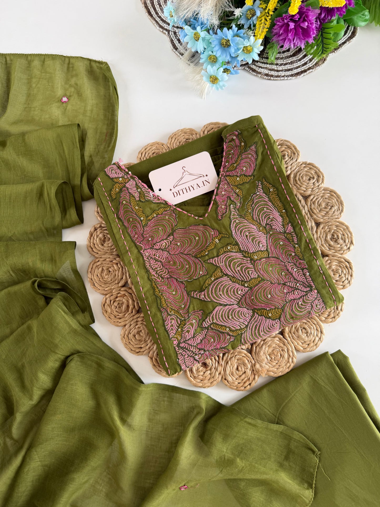 K497 - Cotton embroidered straight Kurti with pants and dupatta