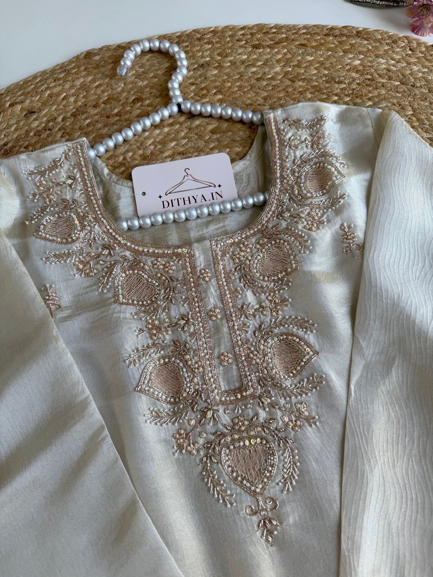 K157 - Tissue silk handwork short Kurti with divider pants and dupatta