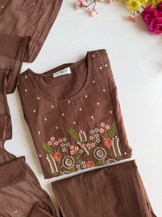 K726 - Mul cotton embroidered Anarkali with pants and dupatta