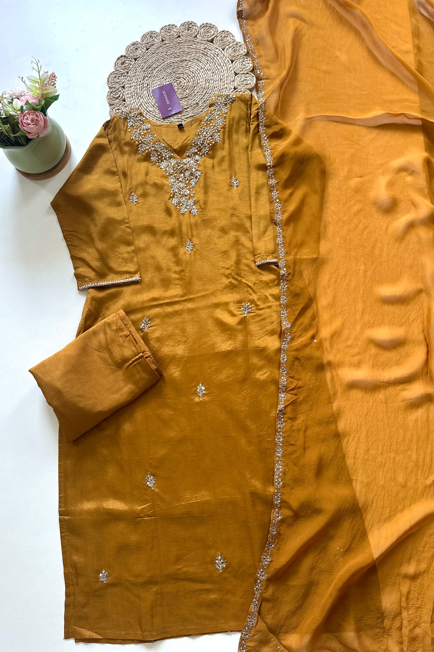 K211 - Zardosi work Russian silk straight kurti with pants and dupatta.