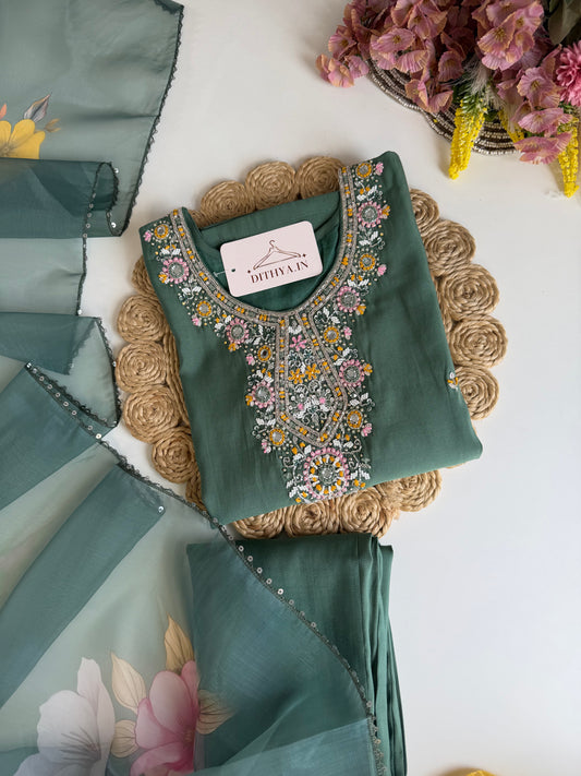 K514 - Roman silk handwork straight Kurti with pants and dupatta