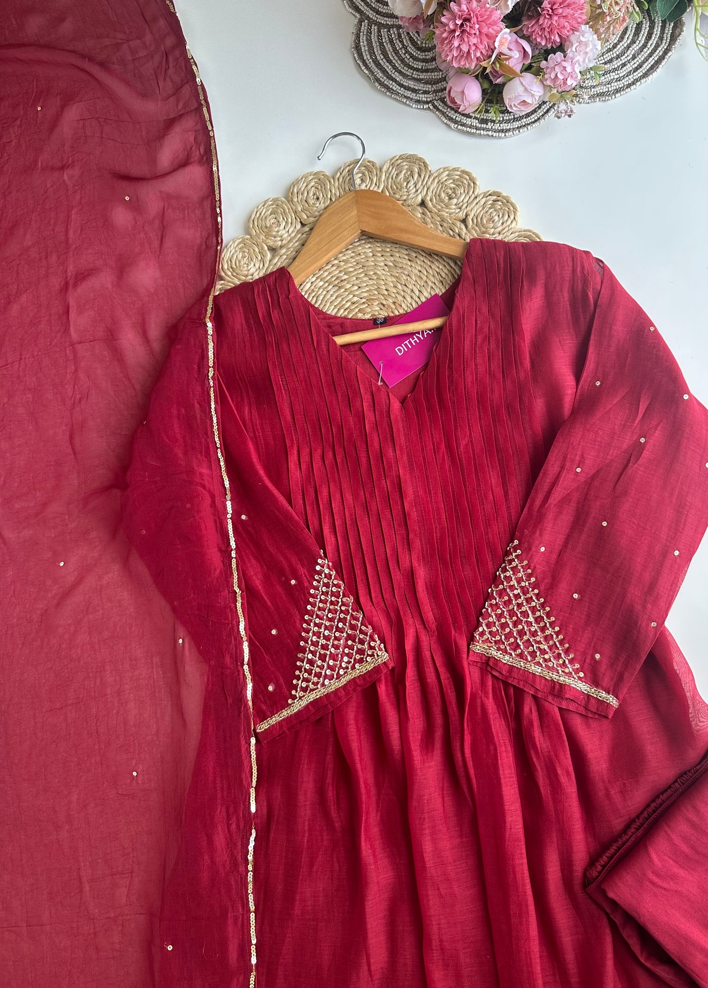 K395 - Mul Chanderi Handwork Aline Kurti with pants and dupatta
