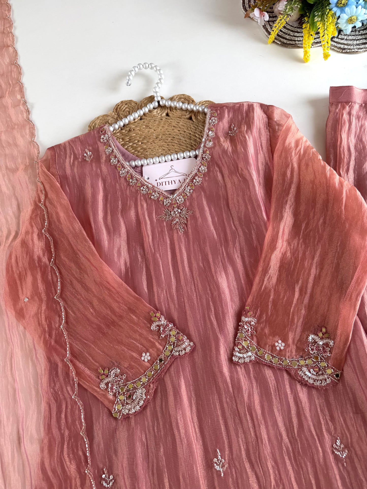 K500 - Glass tissue silk handwork short Kurti with divider pants and dupatta