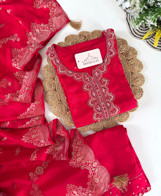 K641 - Dola silk Handwork straight Kurti with pants and dupatta