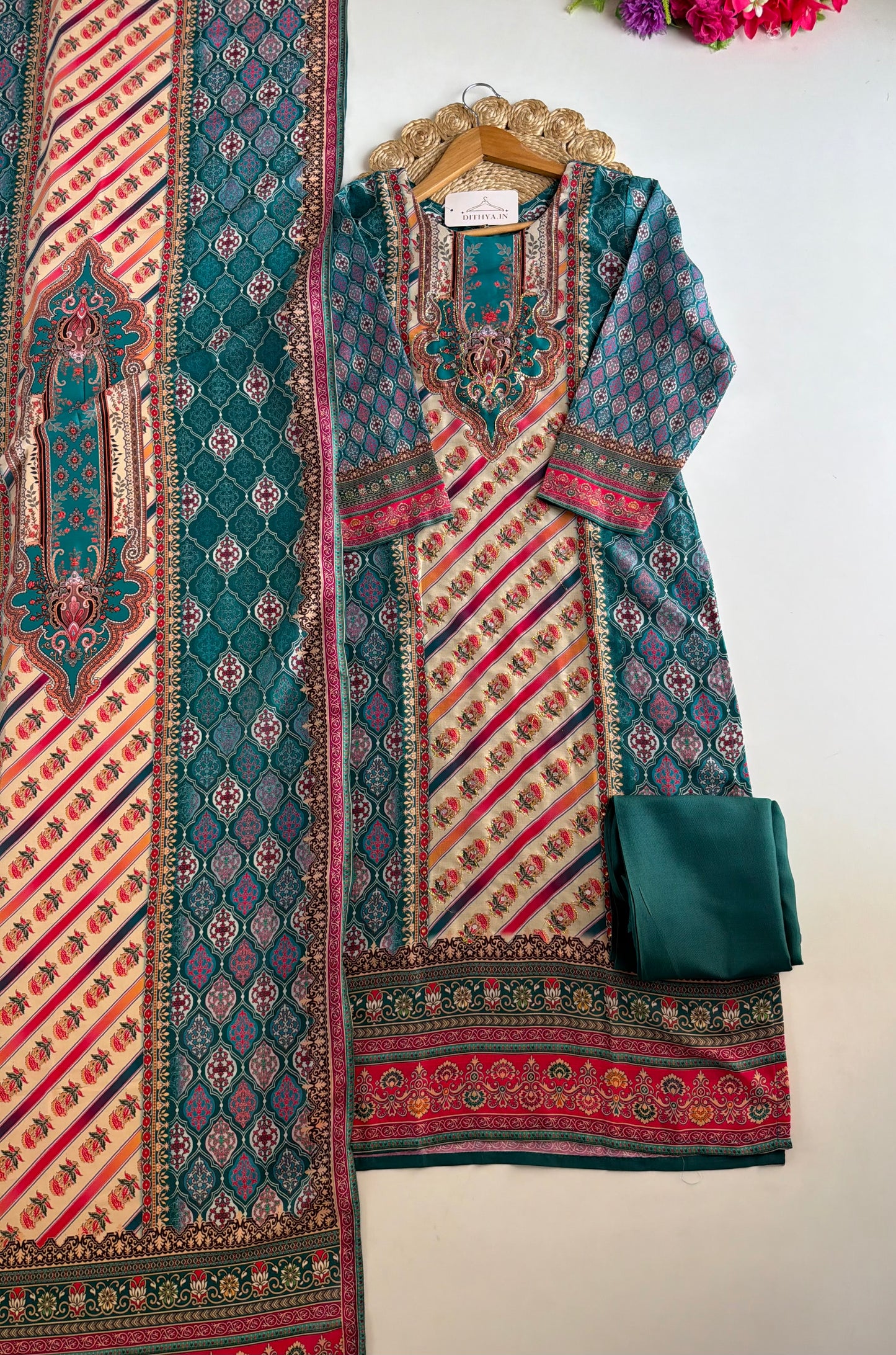 K639 - Muslin printed straight Kurti with pants and dupatta