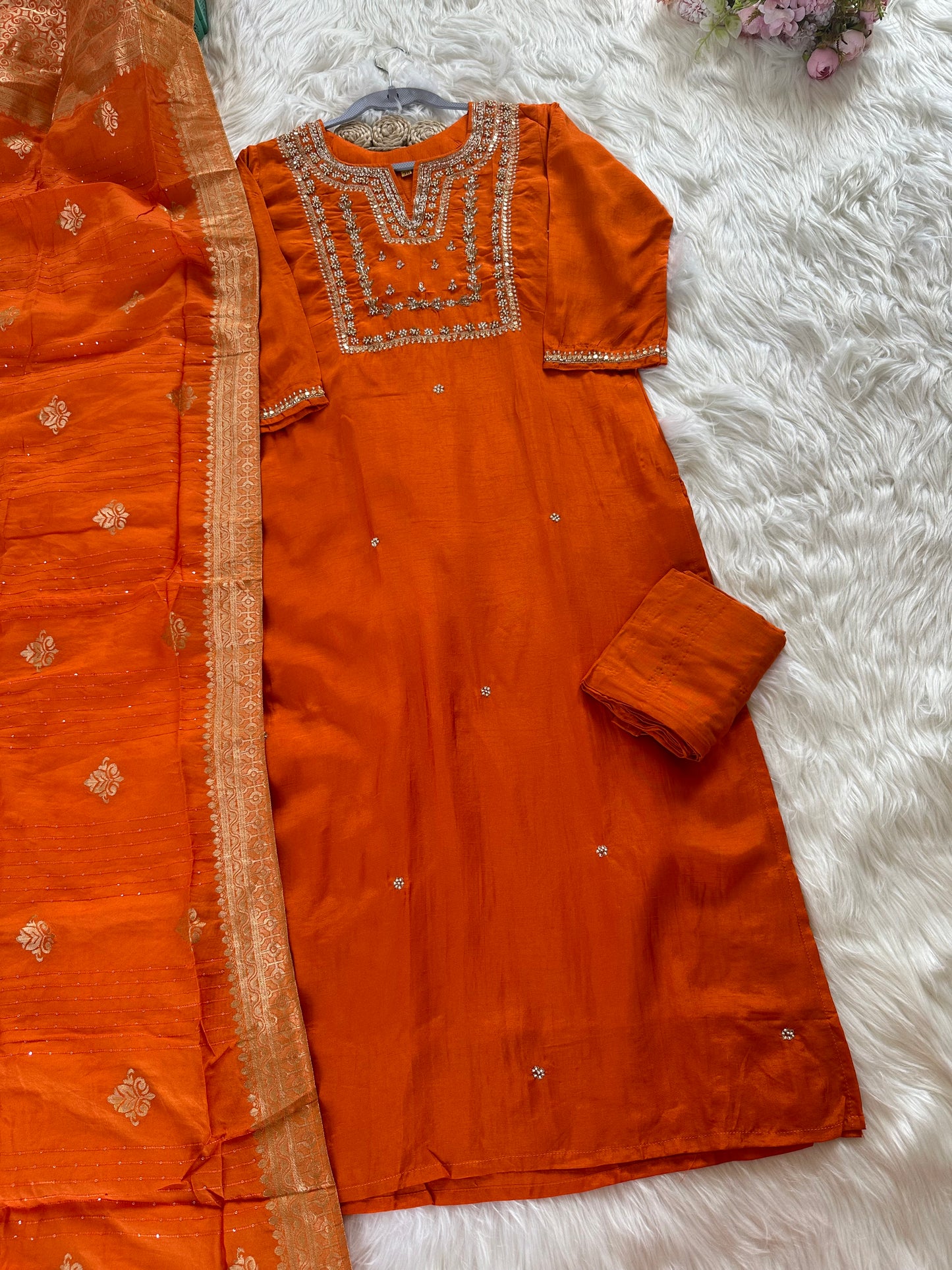 K119 - Russian silk kurti with pants and dupatta - Dithya.in