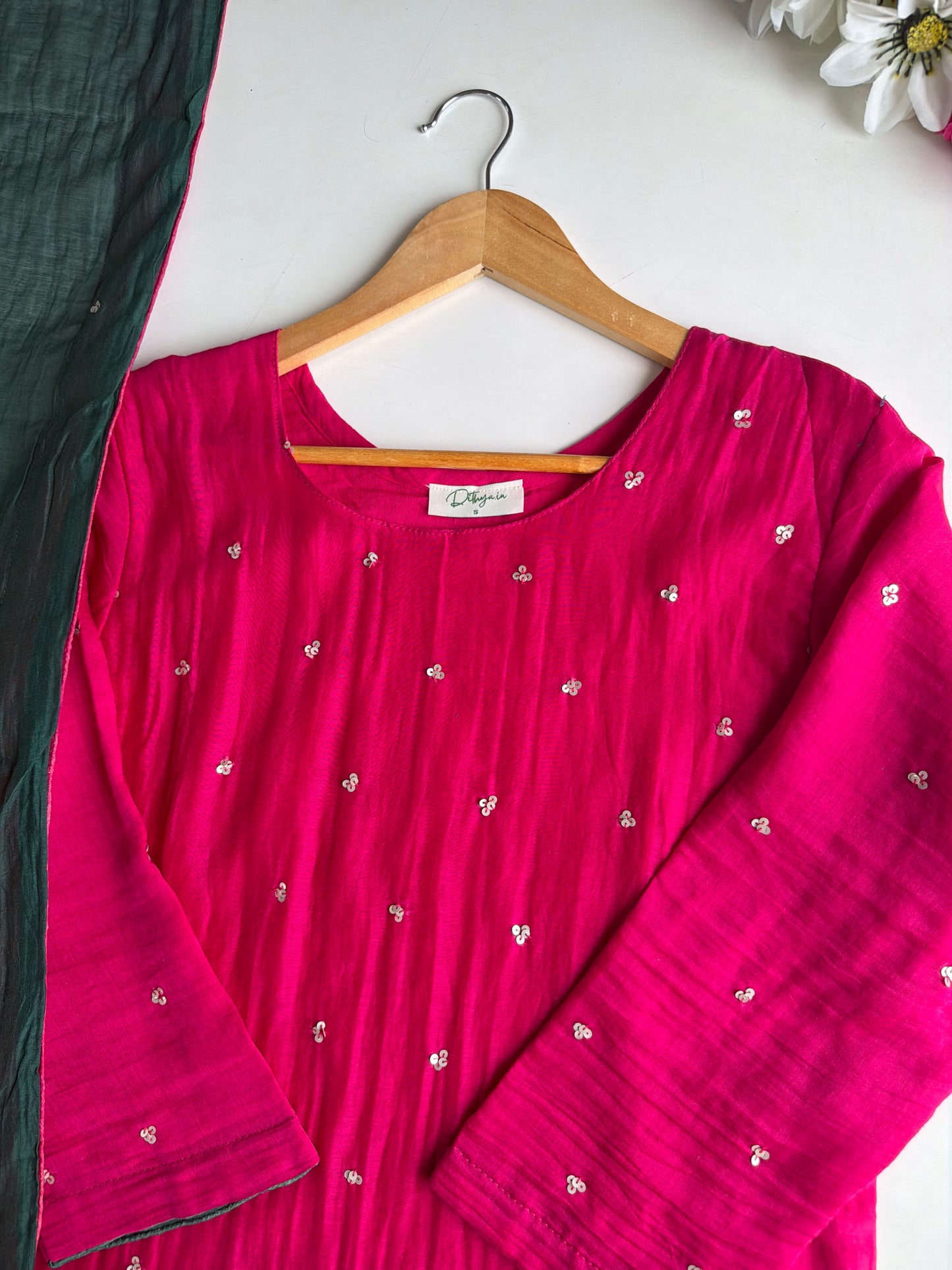 K345 - Mul chanderi handwork aline Kurti with pants and dupatta in 2 colours