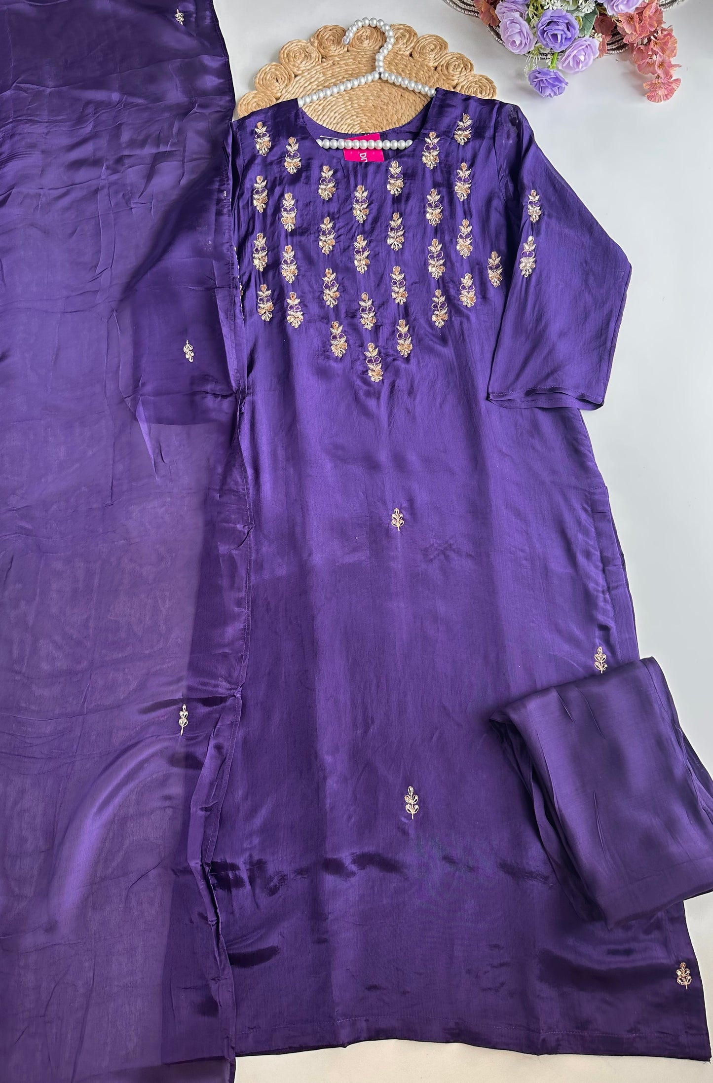 K288 - Russian silk handwork straight Kurti with pants and dupatta