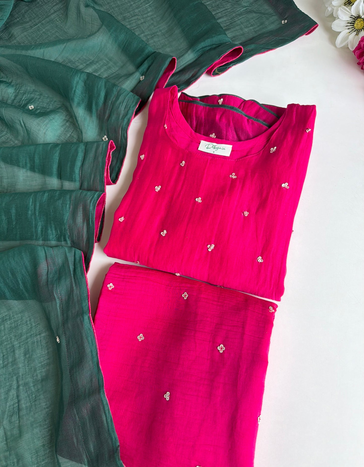 K345 - Mul chanderi handwork aline Kurti with pants and dupatta in 2 colours
