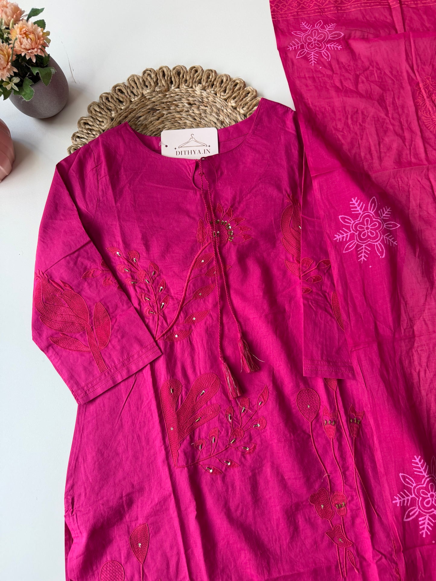 K583 - Cotton embroidery straight Kurti with pants and dupatta in 2 colours