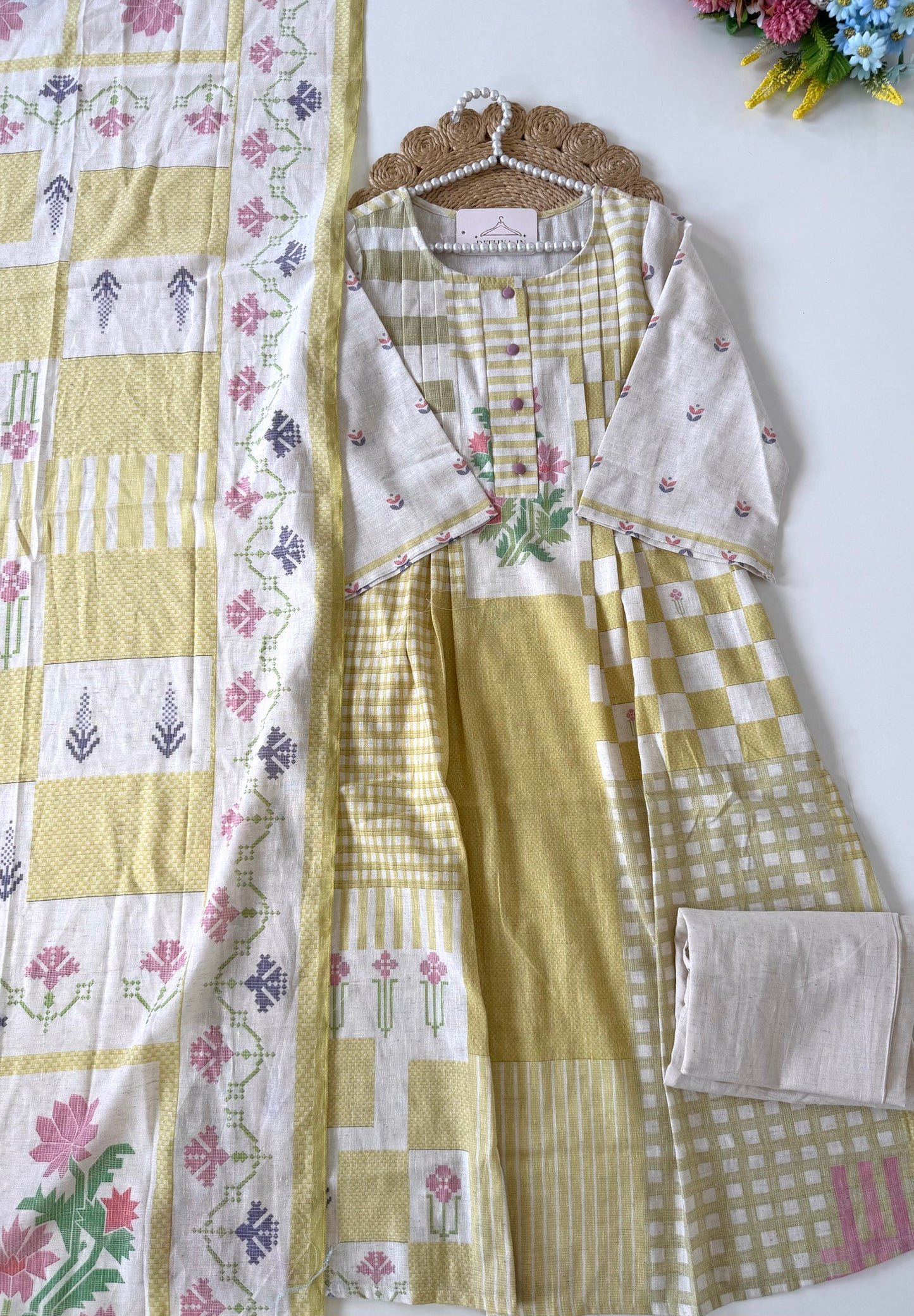 K664 - Mul cotton embroidered Aline Kurti with pants and dupatta
