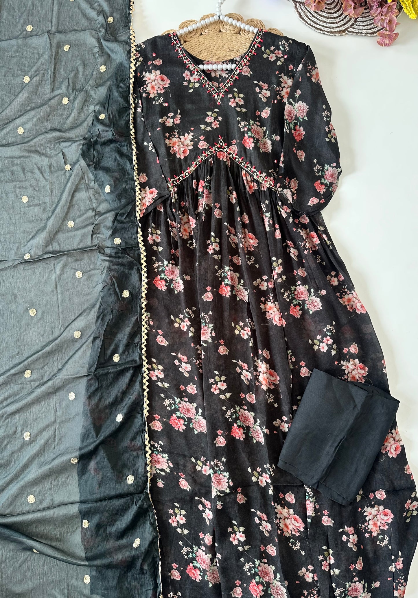D123 - Chinnon Alia cut Anarkali with pants and dupatta