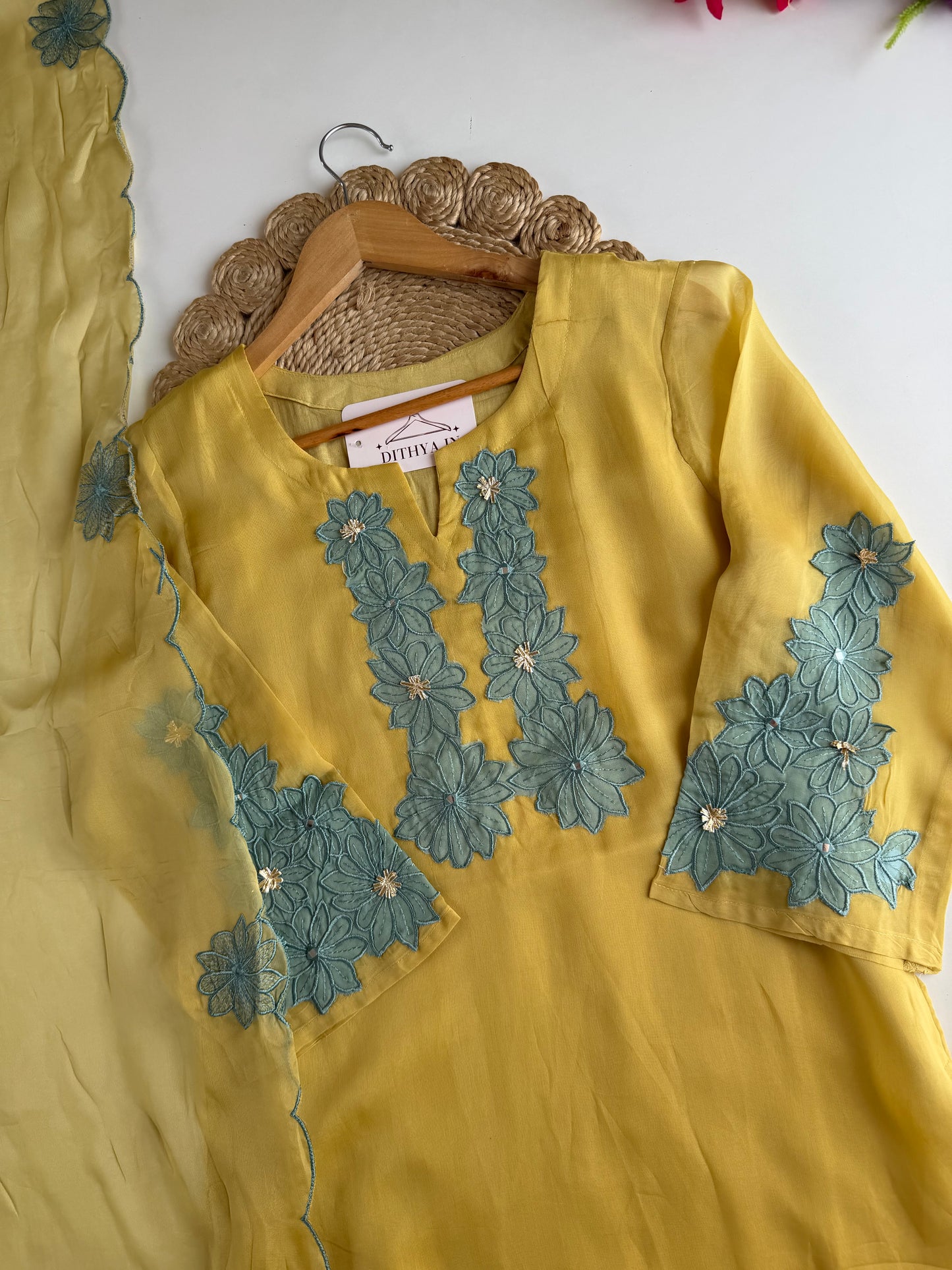 K273 - Viscose organza appliqué work straight Kurti with pants and dupatta