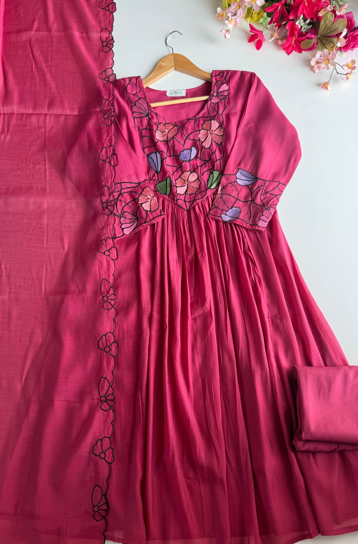 K156 - Surat Mul chanderi embroidered Anarkali with pants and dupatta