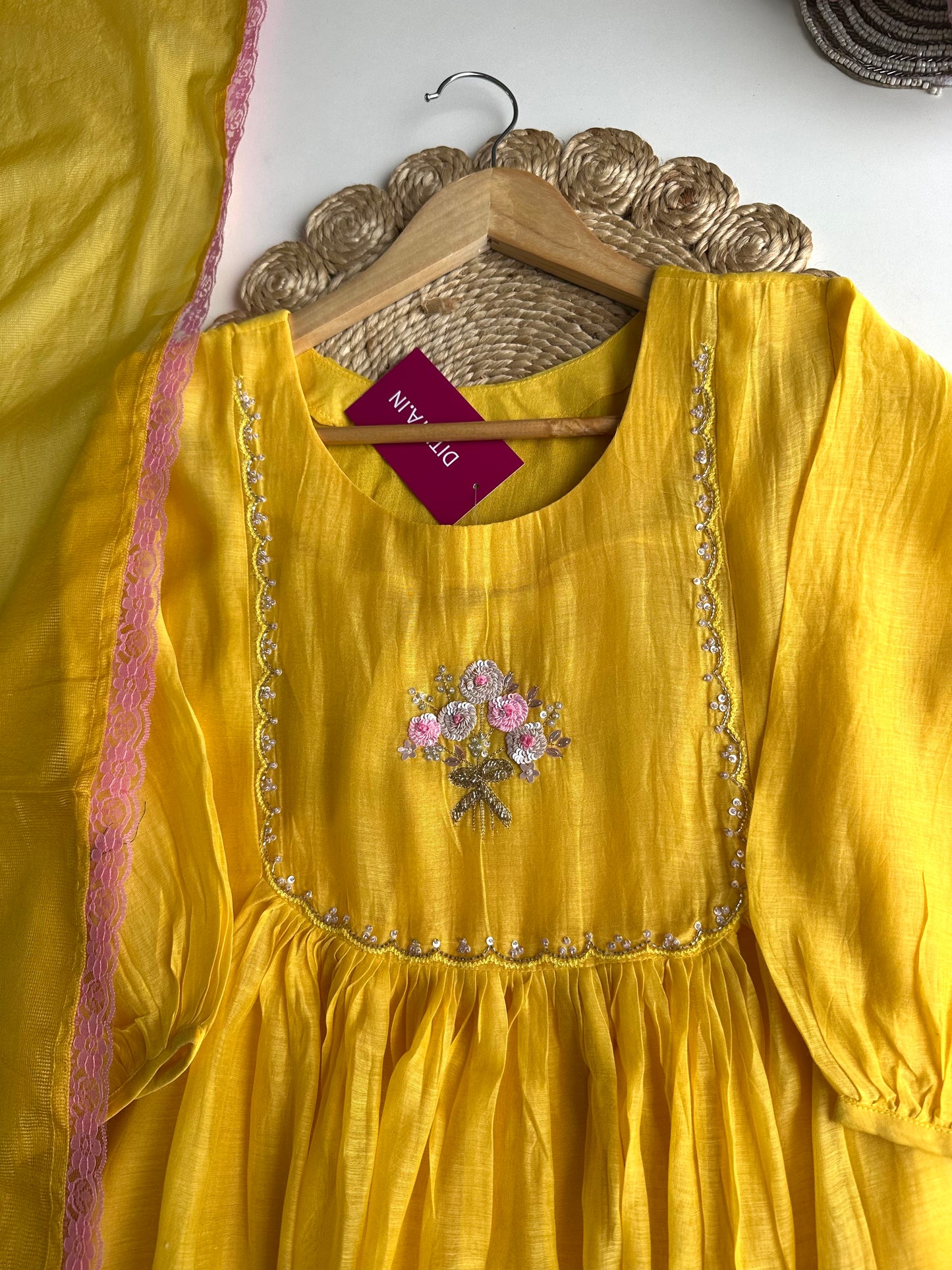 K348 - Mul Chanderi Handwork Anarkali with pants and doriya dupatta