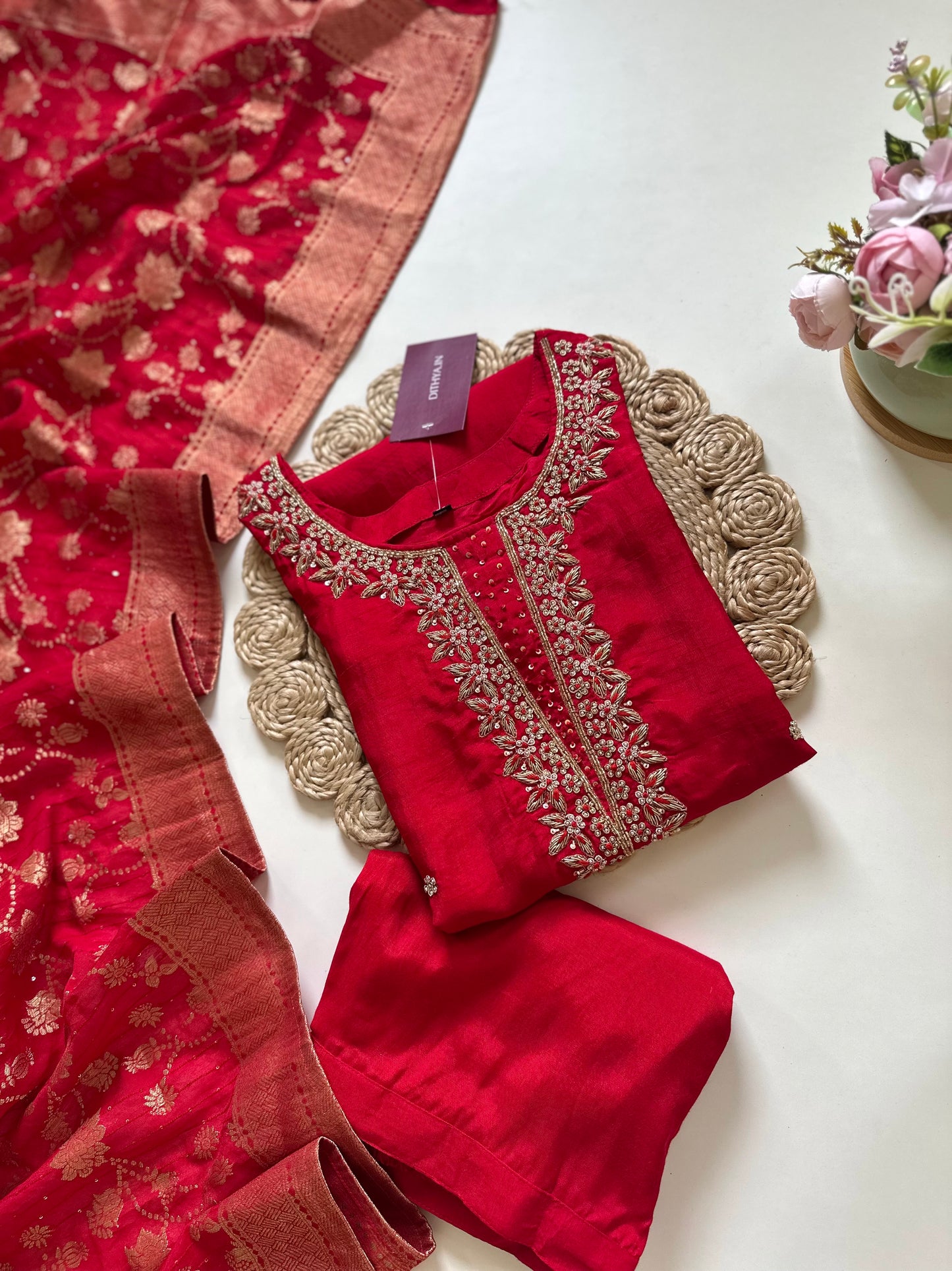 K265 - Russian silk handwork Straight kurti with straight pants and Banarasi silk dupatta .