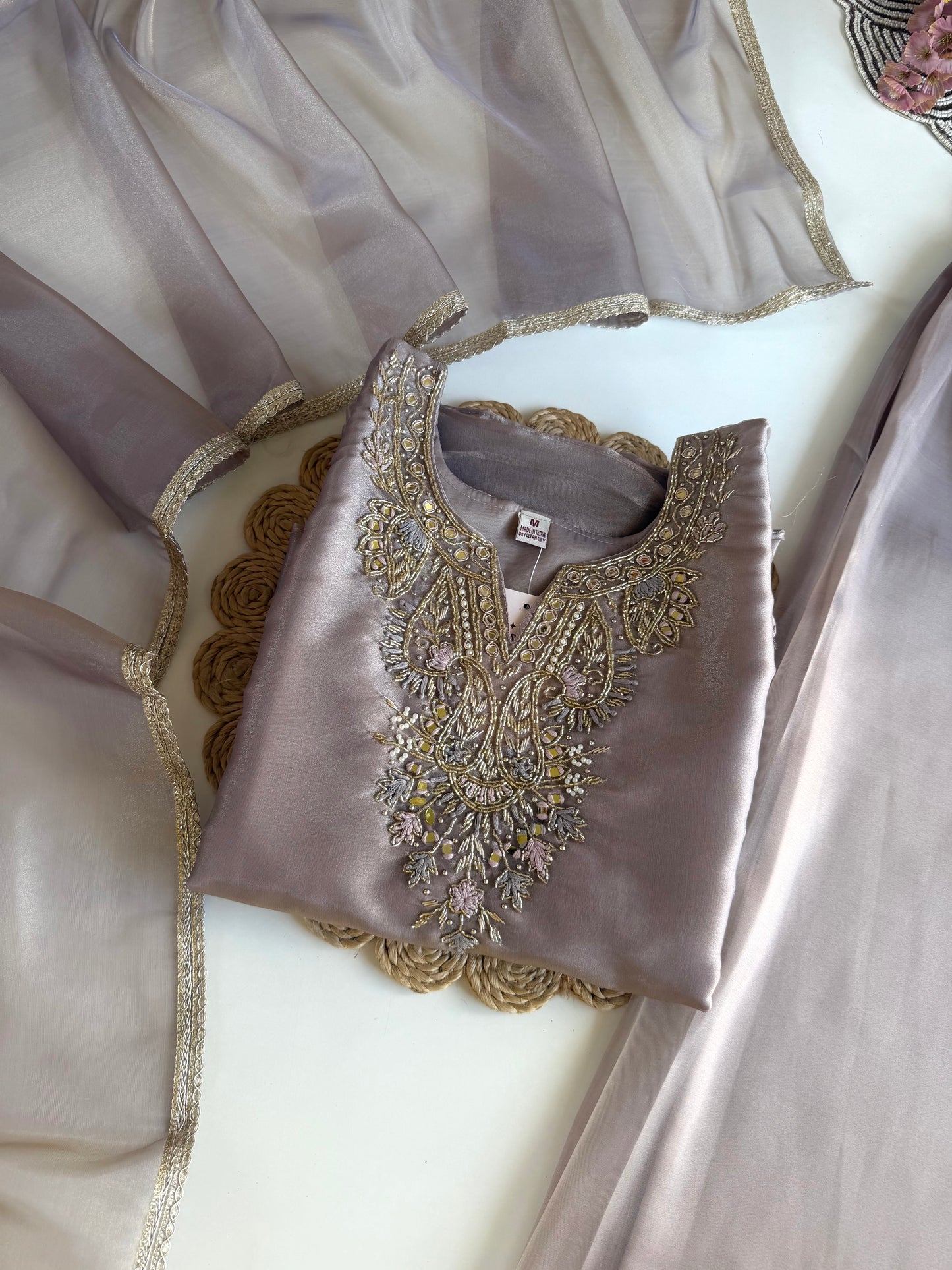K540 - Tissue silk handwork aline Kurti with pants and dupatta