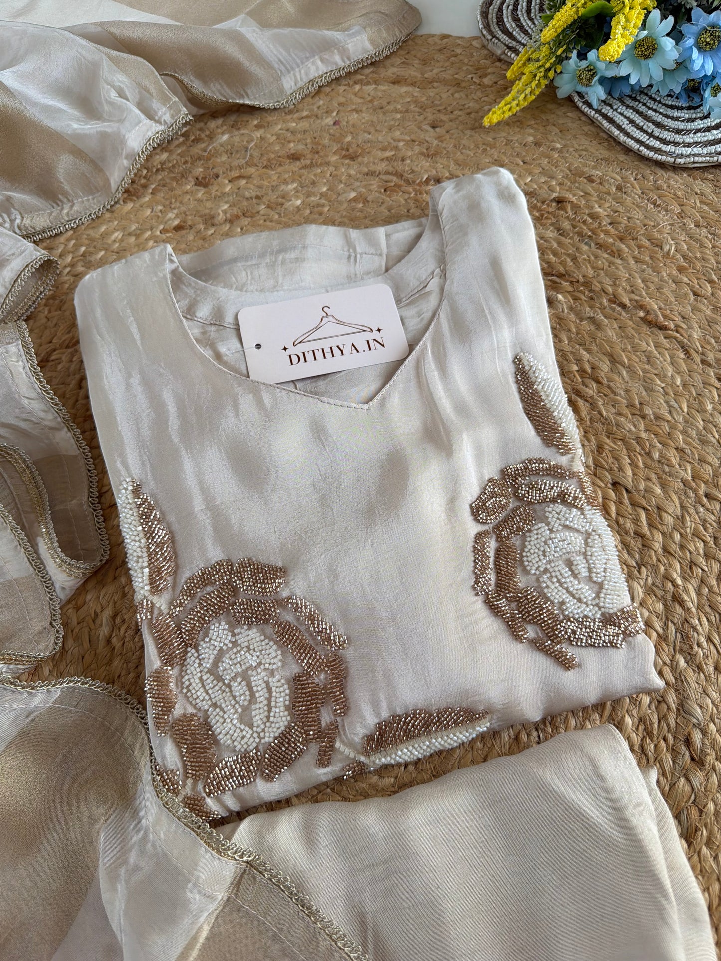 K108 - Pure crape handwork straight Kurti with pants and dupatta