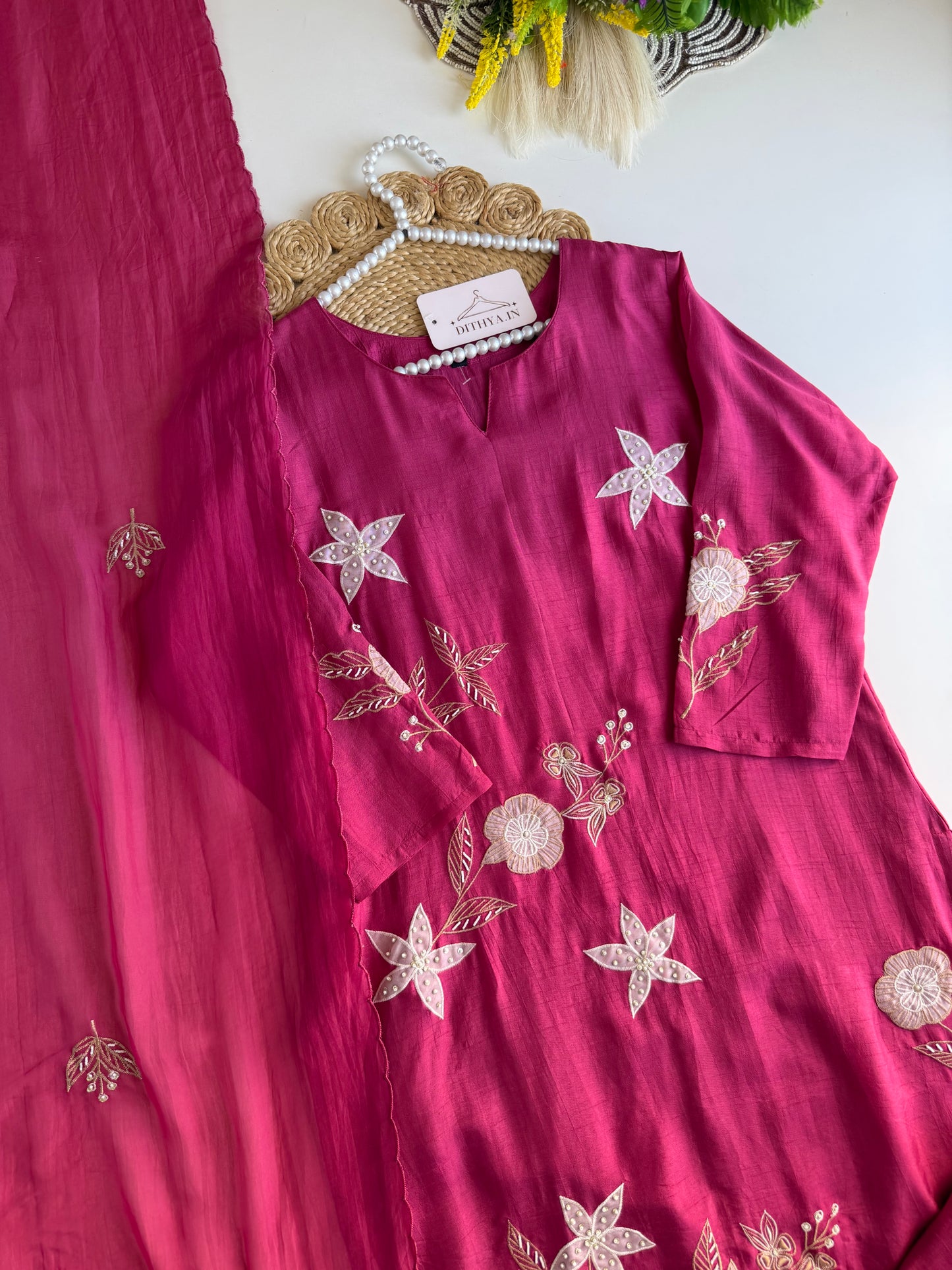 K544 - Russian silk appliqué work straight Kurti with pants and dupatta