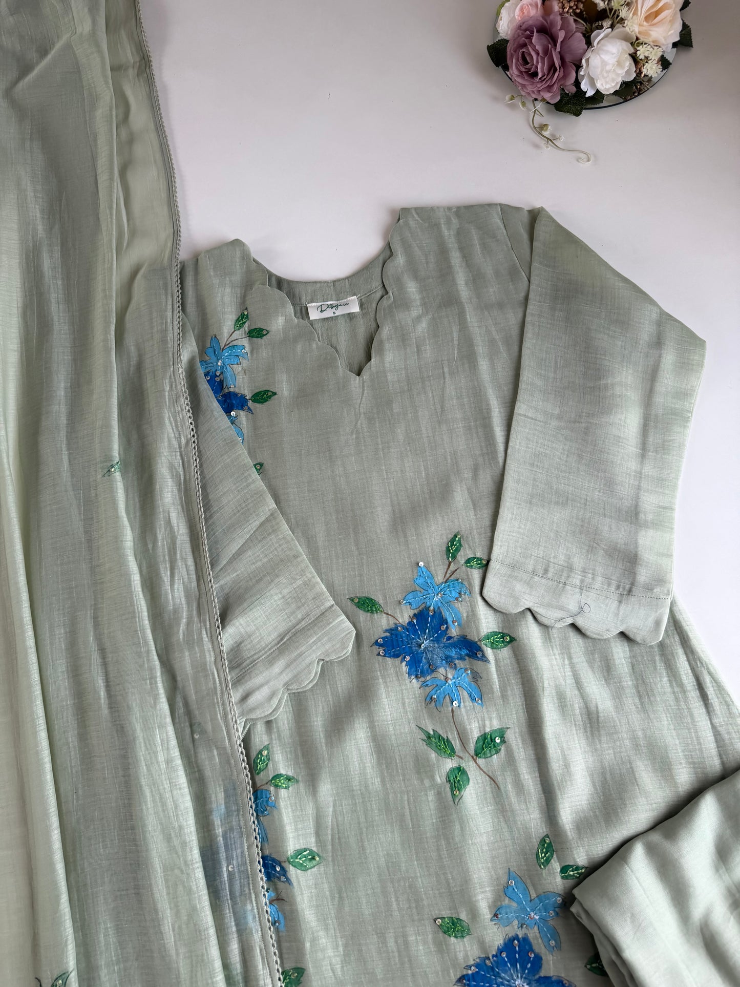 K355 - Mul Chanderi hand painted embroidered Aline Kurti with pants and dupatta in 3 colours
