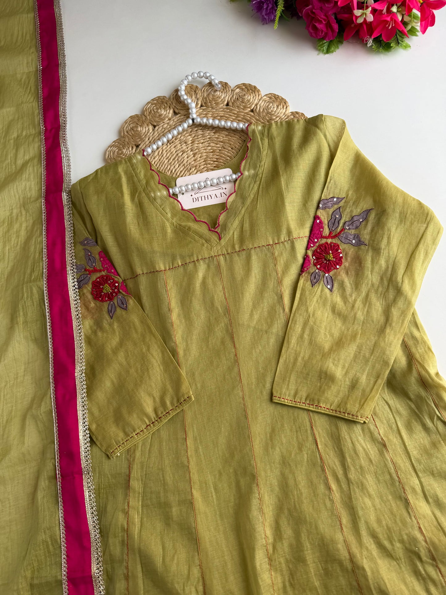 K625 - Mul chanderi embroidered Anarkali with pants and dupatta