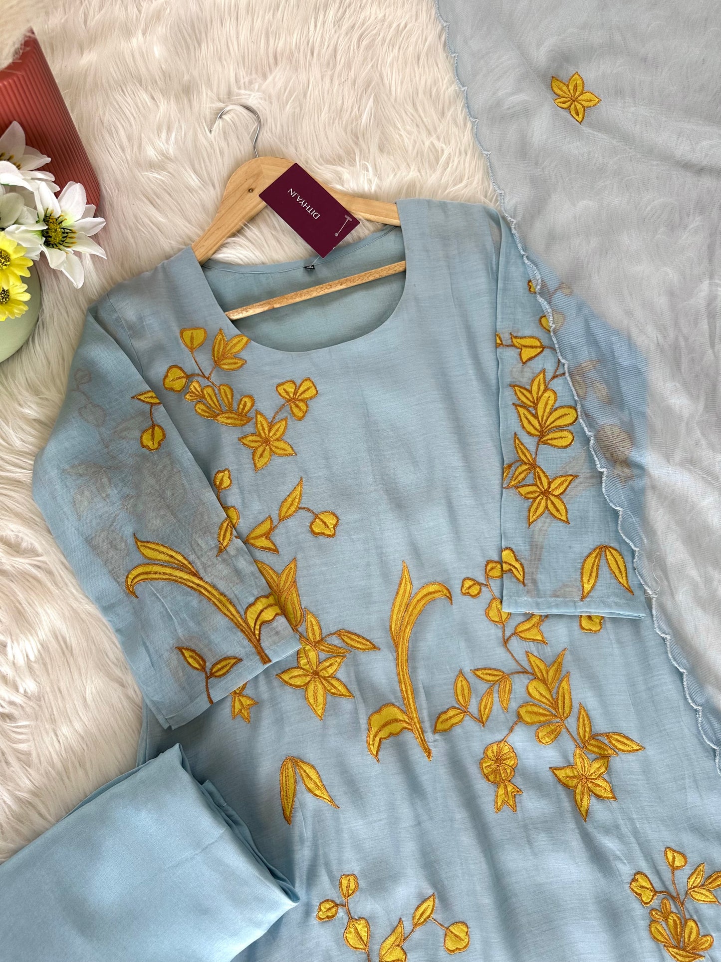 K037 - Mul Chanderi appliqué work Aline Kurti with pants and dupatta