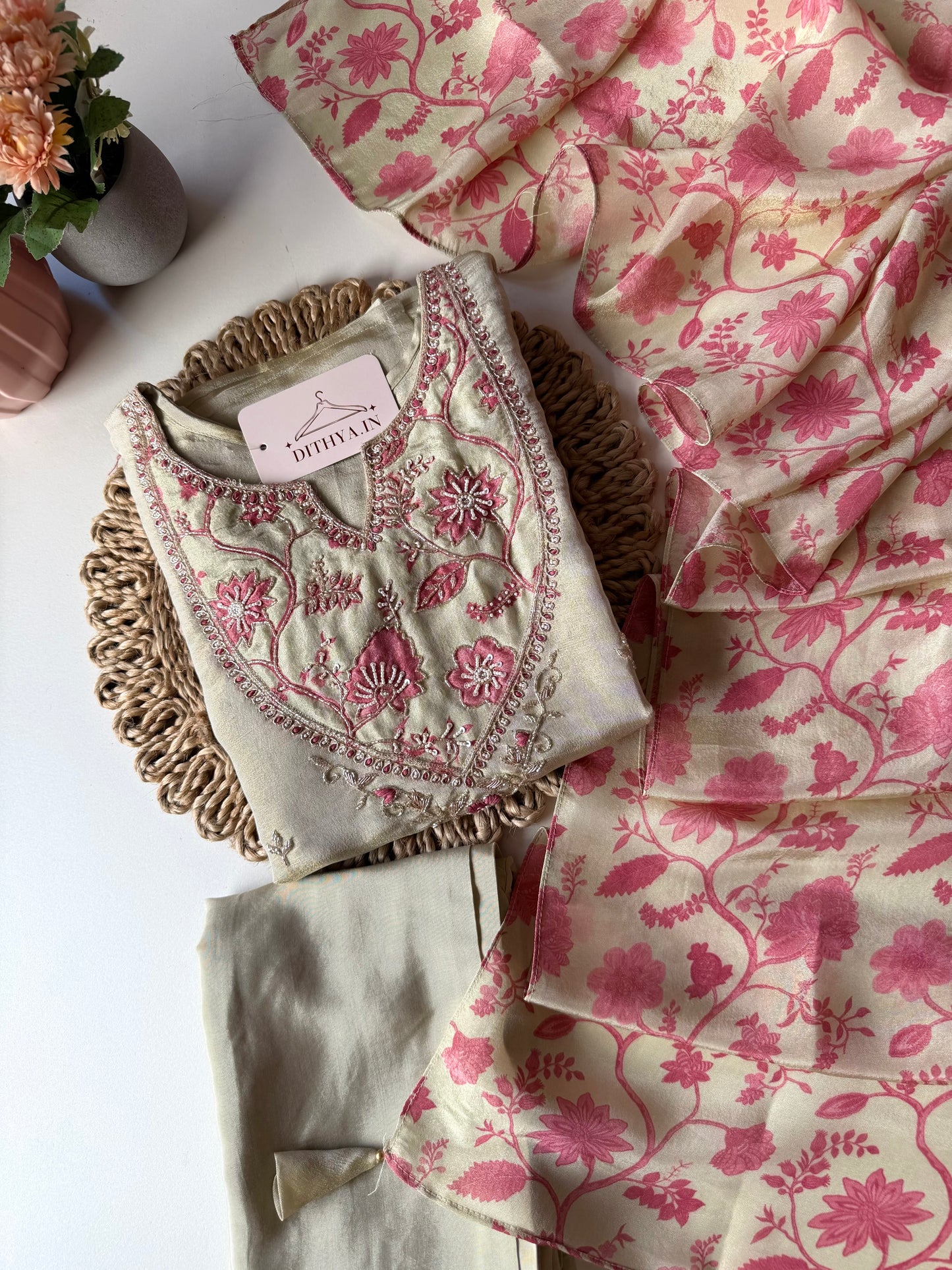 K590 - Tissue silk straight Kurti with pants and dupatta