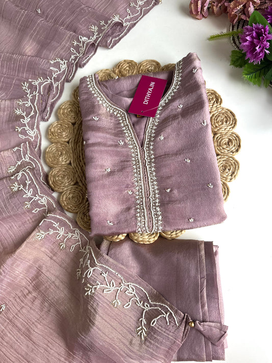 K020 - Tissue silk pearl work straight Kurti with pants and dupatta