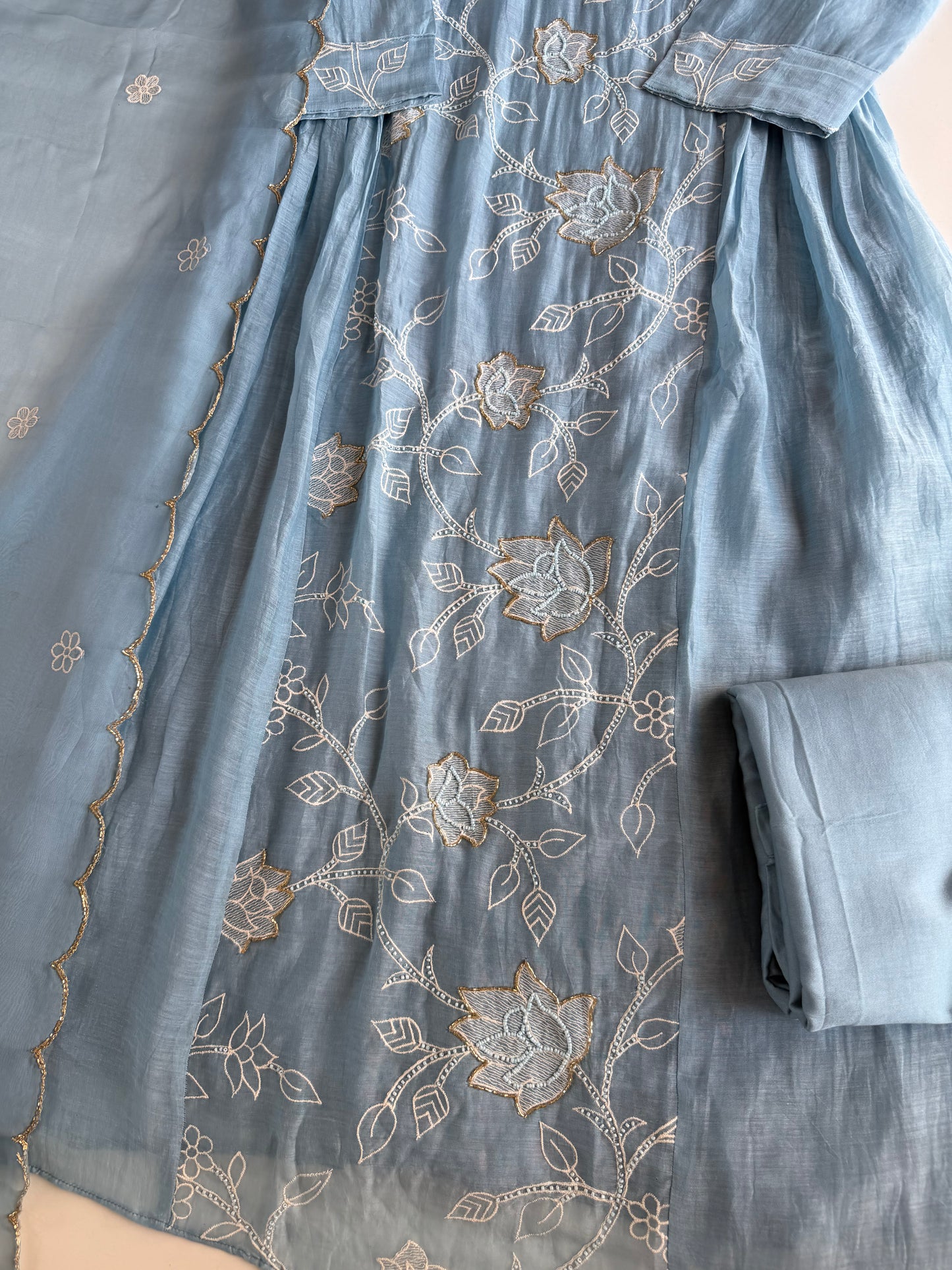 K735 - Mul chanderi embroidered Anarkali with pants and dupatta in 2 colours