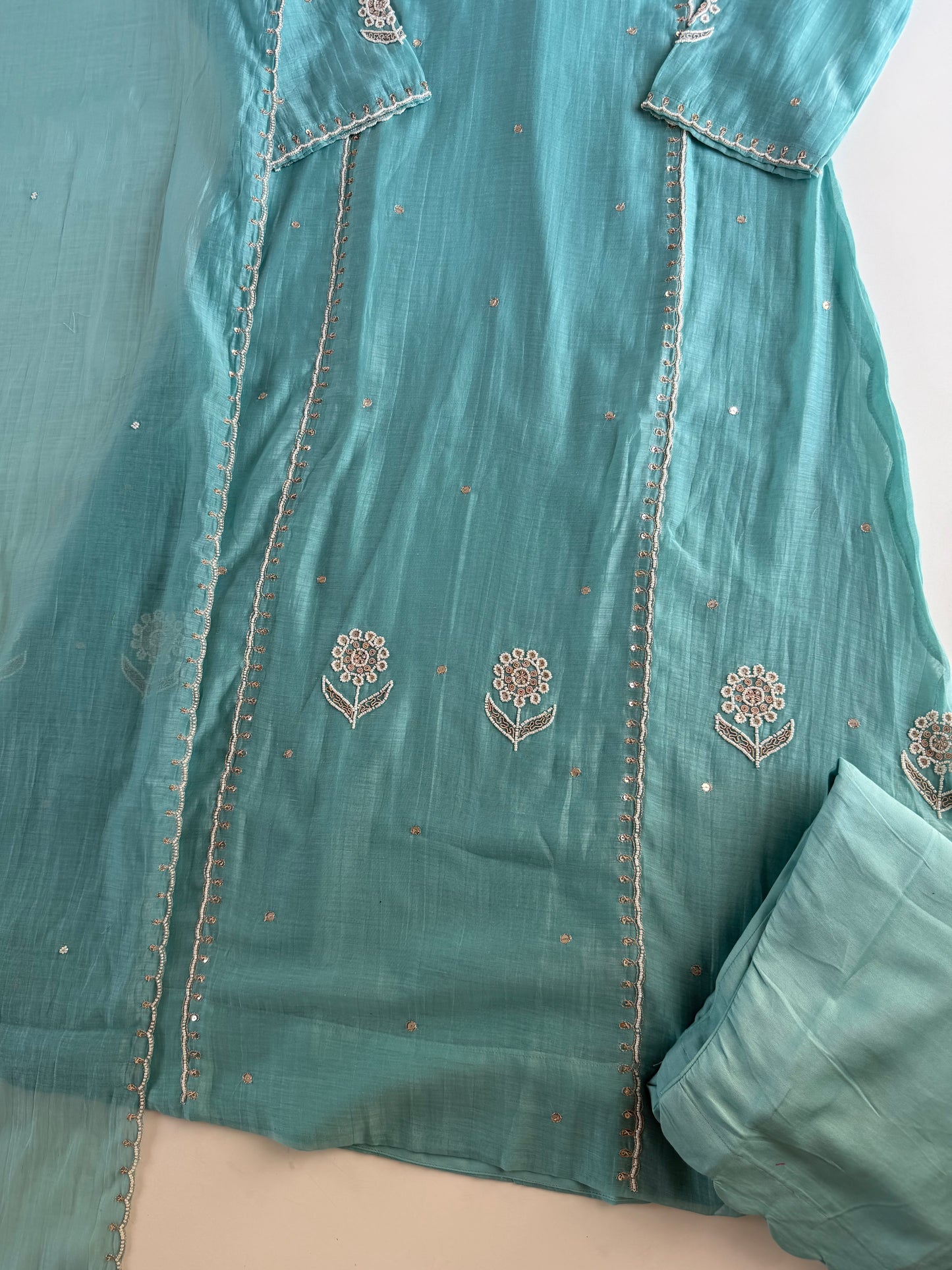K011 - Mul chanderi pearl work aline Kurti with pants and dupatta