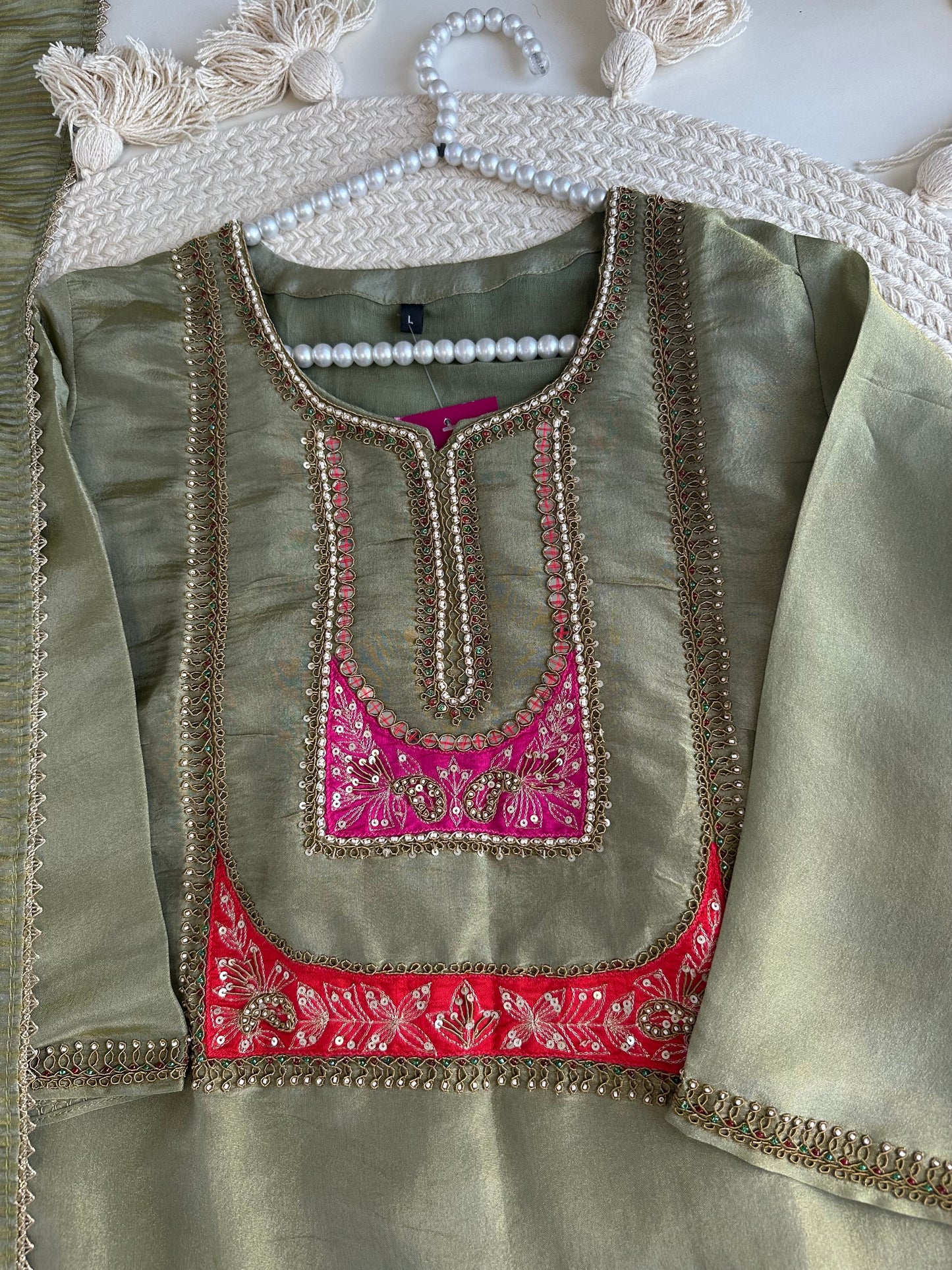 K421 - Tissue silk handwork straight Kurti with pants and dupatta in 2 colours
