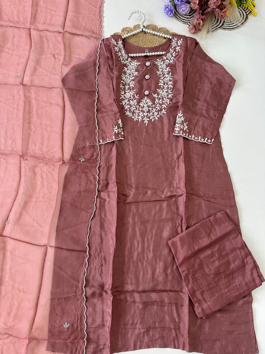 D410-Russian silk straight kurti with pants and dupatta
