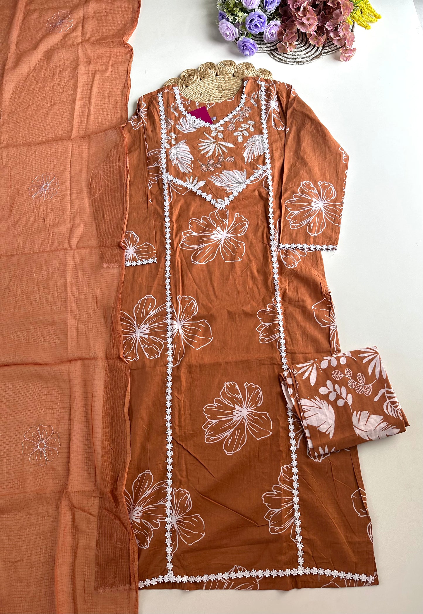 K217 - Cotton floral straight kurti with pants and dupatta
