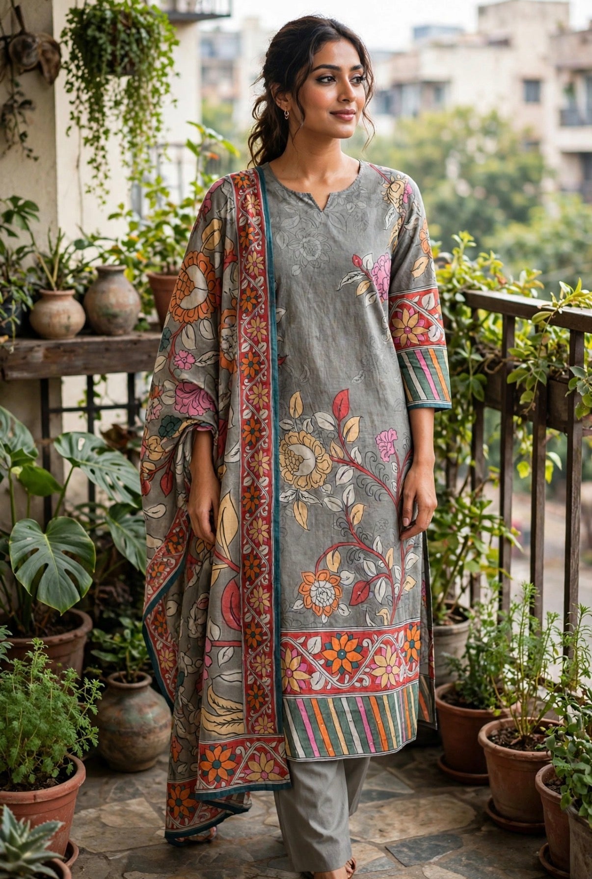 K403 - Mul cotton printed straight Kurti with pants and dupatta