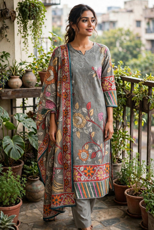 K403 - Mul cotton printed straight Kurti with pants and dupatta