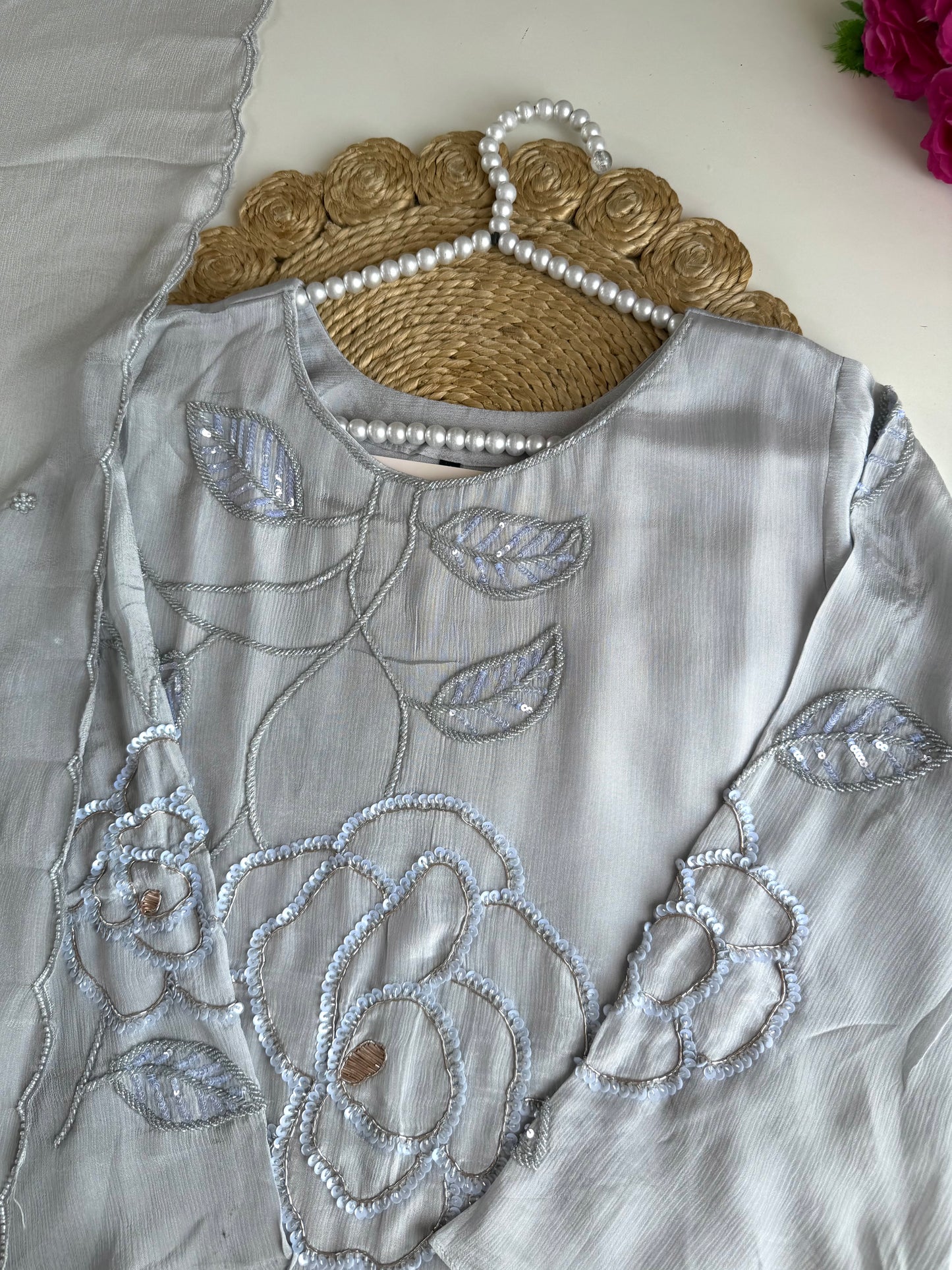 K244 - Pure Chinnon handwork aline Kurti with pants and dupatta